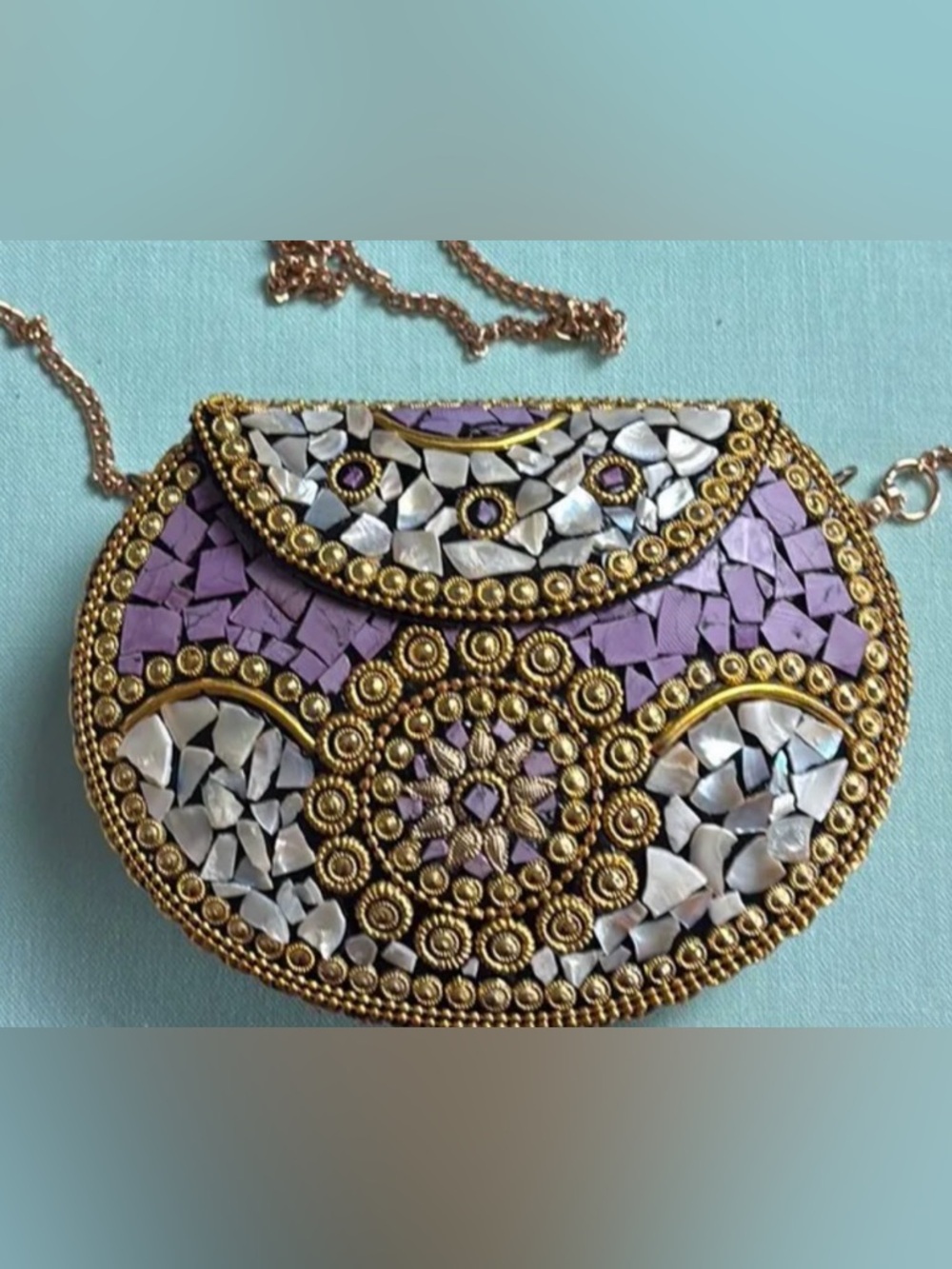 Handcrafted Purple Mosaic Moroccan Evening Clutch with Gold Accents